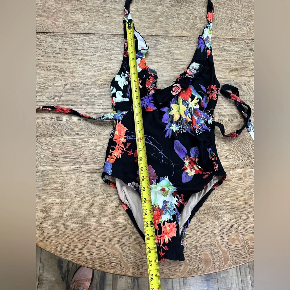Anthropologie Allihop Ruffle Floral Halter Ruching Tie Waist One-Piece Swimsuit - Picture 13 of 16